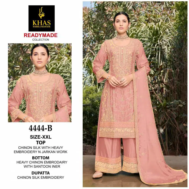 Khas 4444 Chinon Silk Embroidered Kurti Bottom With Dupatta Wholesale Price In Surat